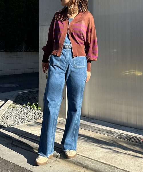 mi via loca(ミヴィアロカ)の「Vネック ダブルZIP シアー ボーダーニットカーディガン(カーディガン/ボレロ・レディース・パープル/イエロー/アイボリー/ホワイト×ブラック/ブラック・FREE)」の16枚目の写真