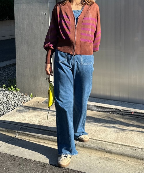 mi via loca(ミヴィアロカ)の「Vネック ダブルZIP シアー ボーダーニットカーディガン(カーディガン/ボレロ・レディース・パープル/イエロー/アイボリー/ホワイト×ブラック/ブラック・FREE)」の18枚目の写真