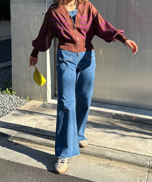 mi via loca(ミヴィアロカ)の「Vネック ダブルZIP シアー ボーダーニットカーディガン(カーディガン/ボレロ・レディース・パープル/イエロー/アイボリー/ホワイト×ブラック/ブラック・FREE)」の19枚目の写真