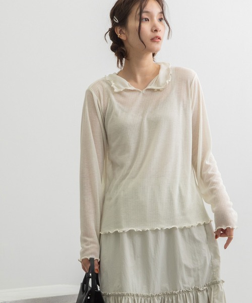 POU DOU DOU(プードゥドゥ)の「シアーテレコ2WAYトップス(Tシャツ/カットソー・レディース・アイボリー/ダークブルー/オレンジ・3)」の5枚目の写真
