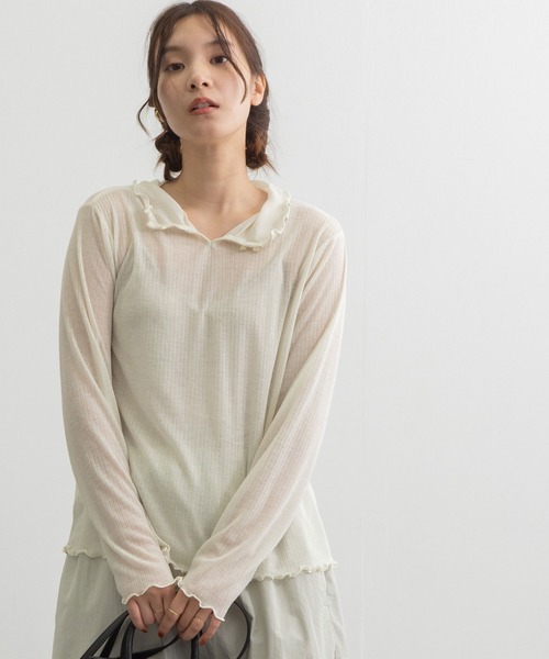 POU DOU DOU(プードゥドゥ)の「シアーテレコ2WAYトップス(Tシャツ/カットソー・レディース・アイボリー/ダークブルー/オレンジ・3)」の6枚目の写真