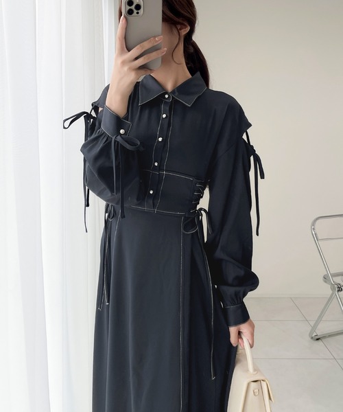 セール】【mily bilet】ヘルシーな肌見せが旬。肩空きリボン使い