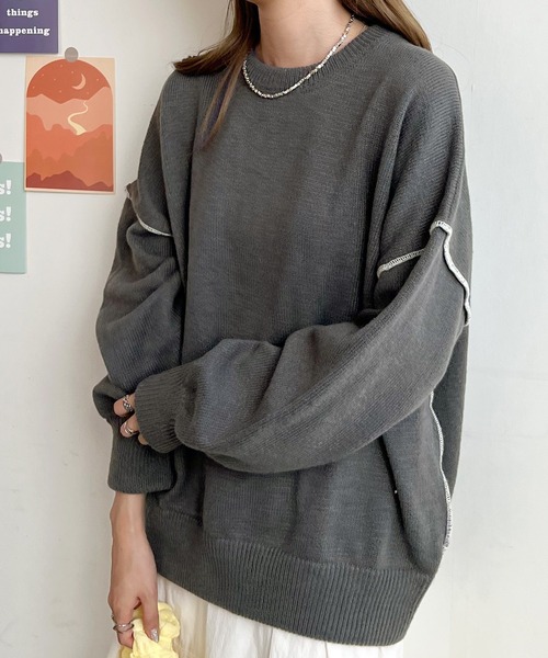 Futier land（フューティアランド）の「ふんわり暖かい大人ニット。バック刺繍リンキングニット（ニット/セーター・レディース・ライトベージュ/チャコールグレー/カーキ/ネイビー/ライトグレー/アイボリー・FREE）」の14枚目の写真