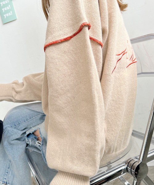 Futier land（フューティアランド）の「ふんわり暖かい大人ニット。バック刺繍リンキングニット（ニット/セーター・レディース・ライトベージュ/チャコールグレー/カーキ/ネイビー/ライトグレー/アイボリー・FREE）」の22枚目の写真