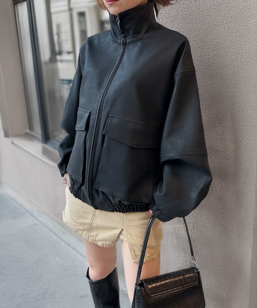 セール】スタンドネックフェイクレザーブルゾン（ブルゾン）｜solleim