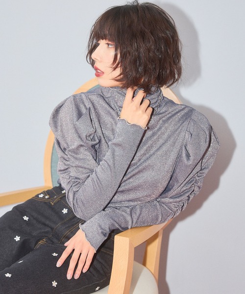 tシャツ 「新色追加」ラメハイネックパフスリーブトップス「ELLEgirl/エル ガール」 レディース 新色追加》ラメハイネックパフスリーブトップス【ELLEgirl/エル