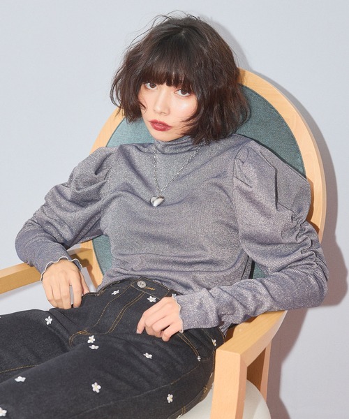 tシャツ 「新色追加」ラメハイネックパフスリーブトップス「ELLEgirl/エル ガール」 レディース 新色追加》ラメハイネックパフスリーブトップス【ELLEgirl/エル