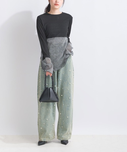 PICCIN（ピッチン）の「【WEB限定】シアーテレコラメ切替え長袖カットソー（Tシャツ/カットソー・レディース・オフホワイト/ブラック・M）」の5枚目の写真