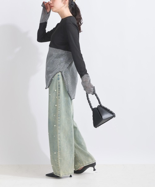 PICCIN（ピッチン）の「【WEB限定】シアーテレコラメ切替え長袖カットソー（Tシャツ/カットソー・レディース・オフホワイト/ブラック・M）」の6枚目の写真