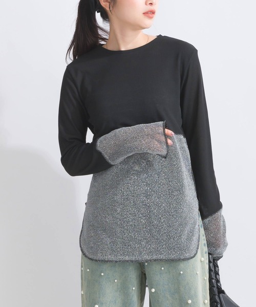 PICCIN（ピッチン）の「【WEB限定】シアーテレコラメ切替え長袖カットソー（Tシャツ/カットソー・レディース・オフホワイト/ブラック・M）」の4枚目の写真