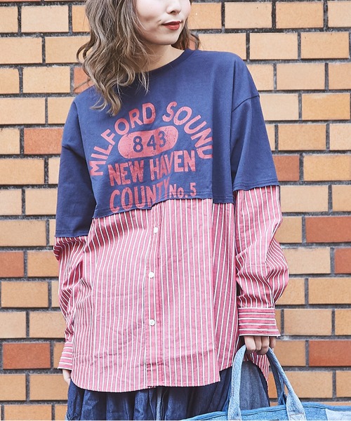 CUBE SUGAR（キューブシュガー）の「OE天竺カットソー×ストライプリメイク風ビッグシャツ（シャツ/ブラウス・レディース・イエロー/レッド/ブルー・M）」の3枚目の写真