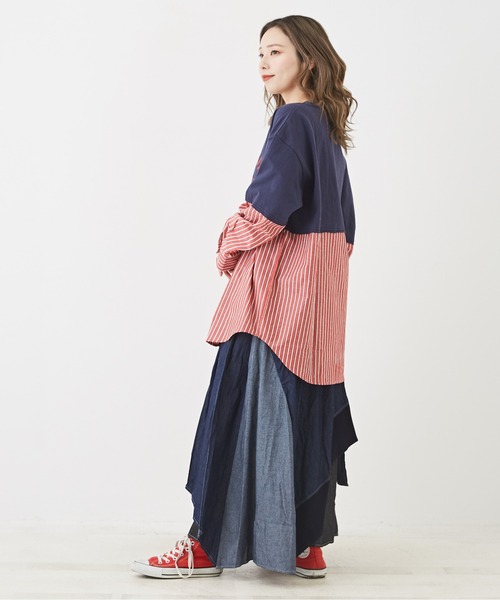 CUBE SUGAR（キューブシュガー）の「OE天竺カットソー×ストライプリメイク風ビッグシャツ（シャツ/ブラウス・レディース・イエロー/レッド/ブルー・M）」の18枚目の写真