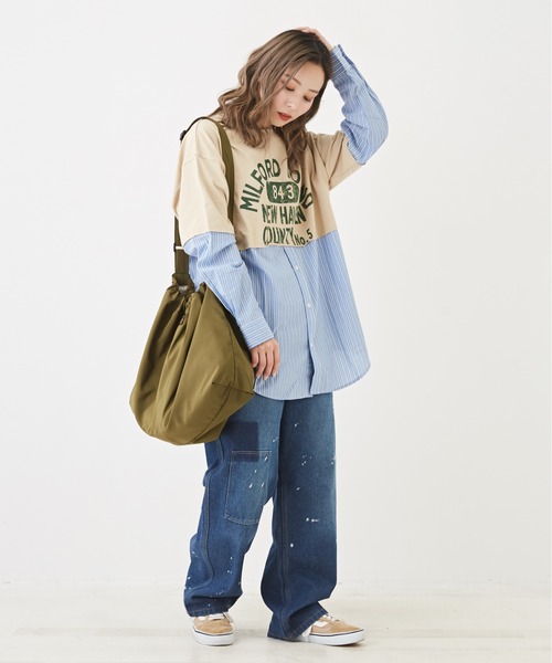 CUBE SUGAR（キューブシュガー）の「OE天竺カットソー×ストライプリメイク風ビッグシャツ（シャツ/ブラウス・レディース・イエロー/レッド/ブルー・M）」の13枚目の写真