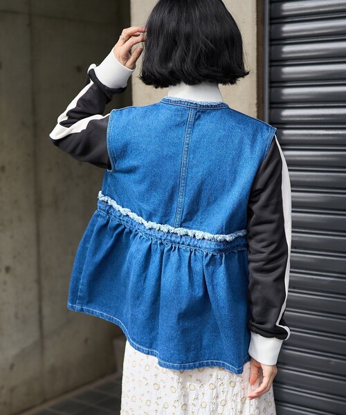 リボンフリルショートベスト ブラック She's Closet ベスト ジレ 2WAYショート丈深Vネック花柄刺繍