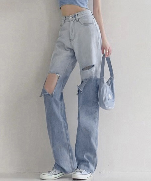 Miniministore(ミニミニストア)の「ダメージ デニムパンツ ハイウエスト韓国(デニムパンツ・レディース・サックスブルー・L/S/XL/M)」の1枚目の写真