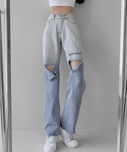 Miniministore(ミニミニストア)の「ダメージ デニムパンツ ハイウエスト韓国(デニムパンツ・レディース・サックスブルー・L/S/XL/M)」の2枚目の写真