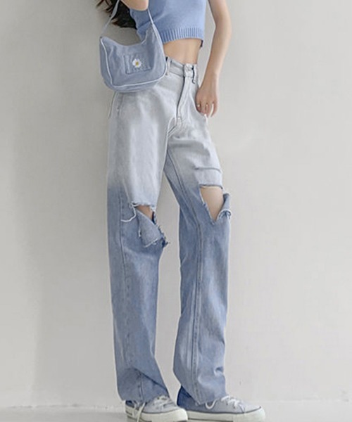 Miniministore(ミニミニストア)の「ダメージ デニムパンツ ハイウエスト韓国(デニムパンツ・レディース・サックスブルー・L/S/XL/M)」の3枚目の写真