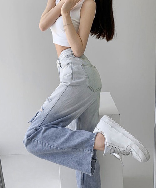 Miniministore(ミニミニストア)の「ダメージ デニムパンツ ハイウエスト韓国(デニムパンツ・レディース・サックスブルー・L/S/XL/M)」の4枚目の写真