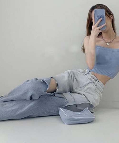 Miniministore(ミニミニストア)の「ダメージ デニムパンツ ハイウエスト韓国(デニムパンツ・レディース・サックスブルー・L/S/XL/M)」の9枚目の写真