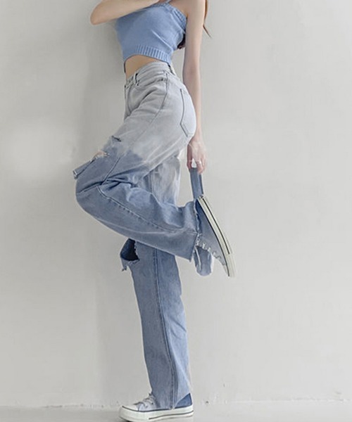 Miniministore(ミニミニストア)の「ダメージ デニムパンツ ハイウエスト韓国(デニムパンツ・レディース・サックスブルー・L/S/XL/M)」の10枚目の写真