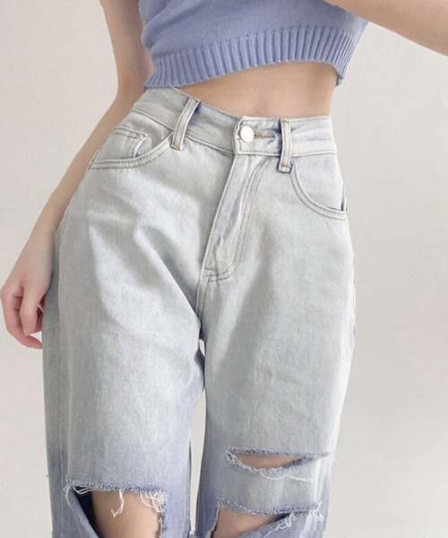 Miniministore(ミニミニストア)の「ダメージ デニムパンツ ハイウエスト韓国(デニムパンツ・レディース・サックスブルー・L/S/XL/M)」の13枚目の写真