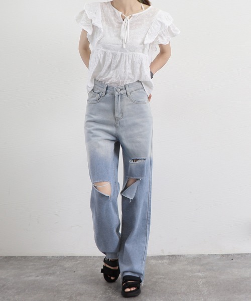 Miniministore(ミニミニストア)の「ダメージ デニムパンツ ハイウエスト韓国(デニムパンツ・レディース・サックスブルー・L/S/XL/M)」の14枚目の写真