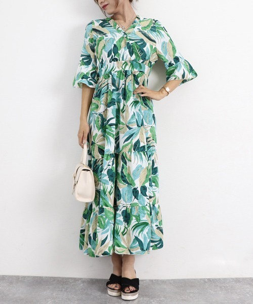 Miniministore(ミニミニストア)の「花柄 ティアードワンピース春夏 Vネック(ワンピース・レディース・グリーン・XL/2XL/M/L)」の12枚目の写真
