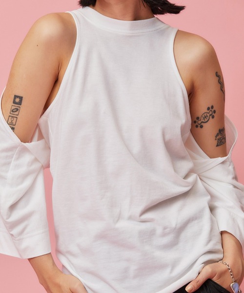 THINGS THAT MATTER（シングス ザット マター）の「LAYERED CUT AND SEW TOPS / レイヤードカットソートップス（Tシャツ/カットソー・レディース・ブラック/ホワイト/チャコールグレー・FREE）」の13枚目の写真