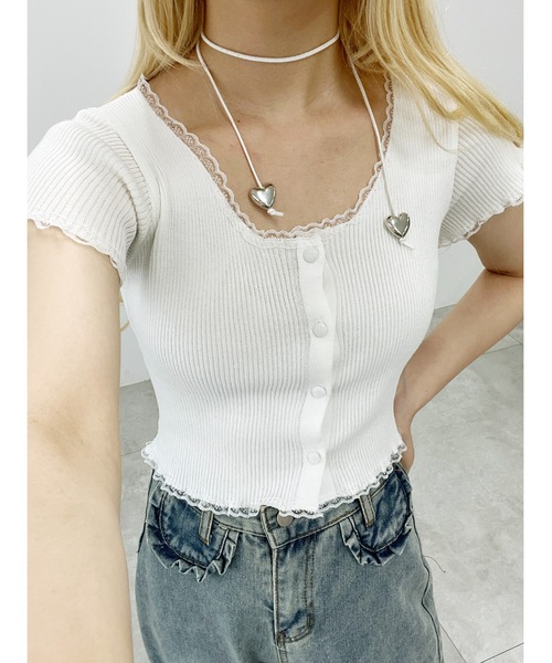 PHILLY(フィリー)の「【PHILLY】プチレースリブニットカーディガン(カーディガン/ボレロ・レディース・ブラック/ホワイト/ブルー・FREE)」の2枚目の写真