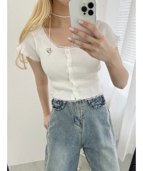 PHILLY(フィリー)の「【PHILLY】プチレースリブニットカーディガン(カーディガン/ボレロ・レディース・ブラック/ホワイト/ブルー・FREE)」の6枚目の写真