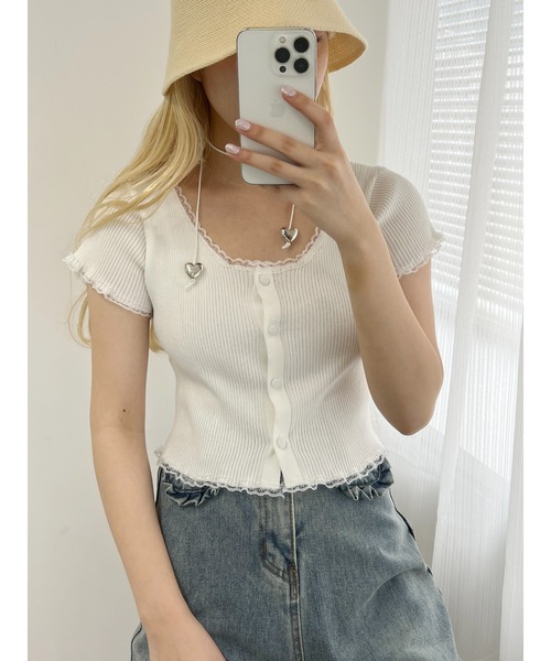 PHILLY(フィリー)の「【PHILLY】プチレースリブニットカーディガン(カーディガン/ボレロ・レディース・ブラック/ホワイト/ブルー・FREE)」の4枚目の写真