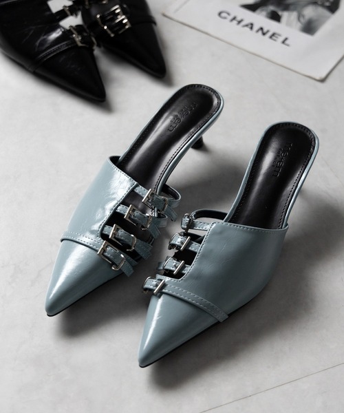 me+em select（ミームセレクト）の「※※【 ４color 】ベルテッドポインテッドトゥフェイクレザーミュール ／ belted pointed toe fake leather mules（パンプス・レディース・ホワイト/ブラック/シルバー/ブルー・39/38/37/36）」の4枚目の写真
