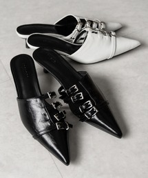 ※※【 4color 】ベルテッドポインテッドトゥフェイクレザーミュール / belted pointed toe fake leather mules