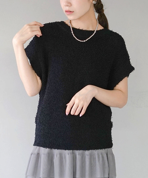 e-zakkamania stores(イーザッカマニアストアーズ)の「ロングパイルヤーン サマーニット(ニット/セーター・レディース・ブラック/アイボリー・フリー)」の1枚目の写真
