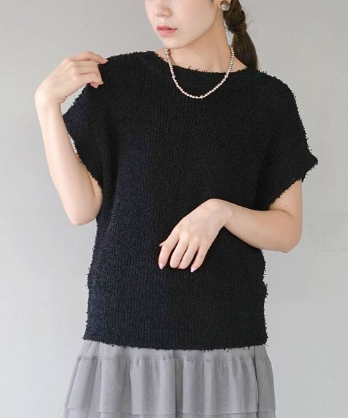 e-zakkamania stores(イーザッカマニアストアーズ)の「ロングパイルヤーン サマーニット(ニット/セーター・レディース・ブラック/アイボリー・フリー)」の10枚目の写真