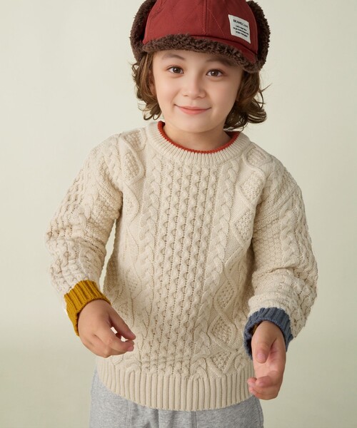 BEAMS mini（ビームスミニ）の「ケーブルニット プルオーバー 2024FW（90～150cm）（ニット/セーター・キッズ・ホワイト系その他5/イエロー系その他5/サックスブルー/ダークグリーン・90/100/110/120/130/140/150）」の6枚目の写真