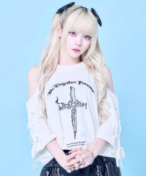 hauls 心中ナイフ編み上げBIGTEE ブラック Hauls（ハウルズ）の「心中ナイフ編み上げBIGTEE（Tシャツ