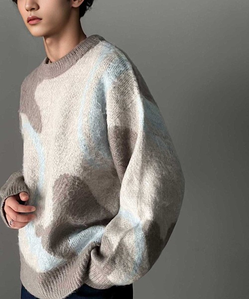 classicalelf(クラシカルエルフ)の「1枚で映える主役級。ウェーブ柄ダブルジャガードシャギーニット オーバーサイズ プルオーバー(ニット/セーター・メンズ・ネイビー/ライトグレー・MEDIUM/LARGE/X-LARGE)」の2枚目の写真