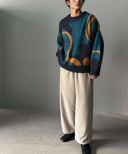 classicalelf(クラシカルエルフ)の「1枚で映える主役級。ウェーブ柄ダブルジャガードシャギーニット オーバーサイズ プルオーバー(ニット/セーター・メンズ・ネイビー/ライトグレー・MEDIUM/LARGE/X-LARGE)」の9枚目の写真