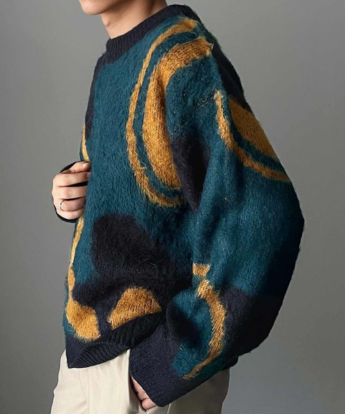 classicalelf(クラシカルエルフ)の「1枚で映える主役級。ウェーブ柄ダブルジャガードシャギーニット オーバーサイズ プルオーバー(ニット/セーター・メンズ・ネイビー/ライトグレー・MEDIUM/LARGE/X-LARGE)」の7枚目の写真