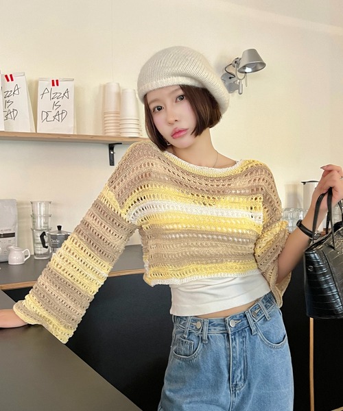 セール】グラデーションボーダー 透かし編みショートトップス（T