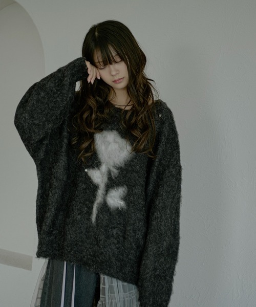 Ezick（エジック）の「Brushed  jacquard オーバースタッズニット（ニット/セーター・レディース・ブラック/チャコールグレー/ピンク・FREE）」の3枚目の写真