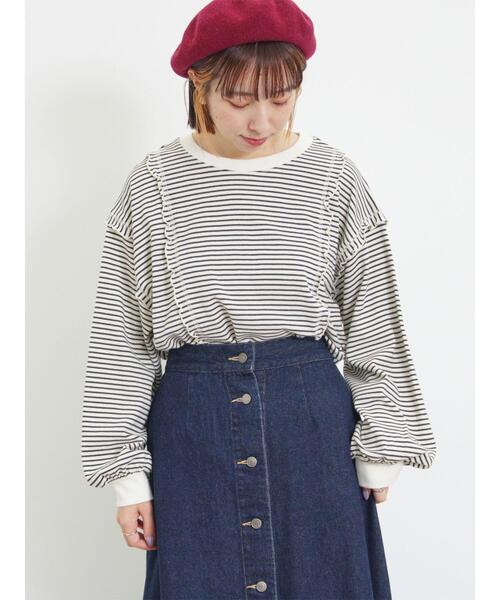 Samansa Mos2（サマンサ モスモス）の「【リサイクルコットン】メロー切替柄アソートトップス（Tシャツ/カットソー・レディース・ブラウン/キナリ/オフホワイト/ブラック・F）」の2枚目の写真