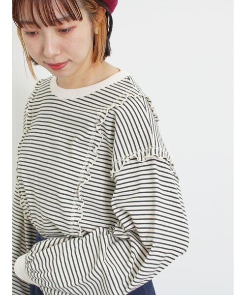 Samansa Mos2（サマンサ モスモス）の「【リサイクルコットン】メロー切替柄アソートトップス（Tシャツ/カットソー・レディース・ブラウン/キナリ/オフホワイト/ブラック・F）」の14枚目の写真