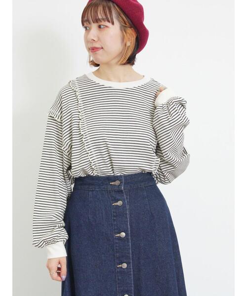 Samansa Mos2（サマンサ モスモス）の「【リサイクルコットン】メロー切替柄アソートトップス（Tシャツ/カットソー・レディース・ブラウン/キナリ/オフホワイト/ブラック・F）」の15枚目の写真