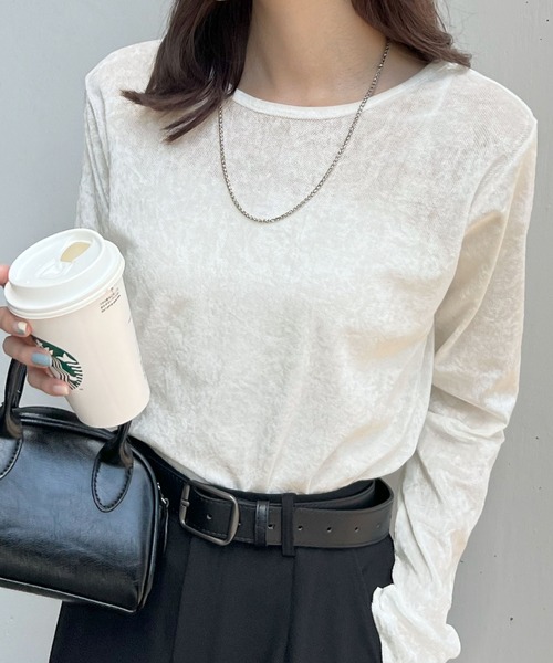 Futier land(フューティアランド)の「シアーベロアトップス(Tシャツ/カットソー・レディース・ホワイト/ブラウン/チャコールグレー・MEDIUM)」の1枚目の写真