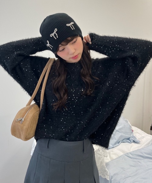 ヌメロ　星型ラメ刺繍ニットセーター（黒） 洗える】スター柄ラメジャカードクルーネックニット（ニット/セーター