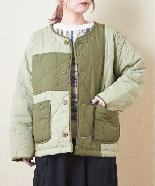 CUBE SUGAR（キューブシュガー）の「ナイロンキルト配色切替ジャケット（ミリタリージャケット・レディース・ベージュ/マルチ/ブラック/カーキ・M）」の3枚目の写真