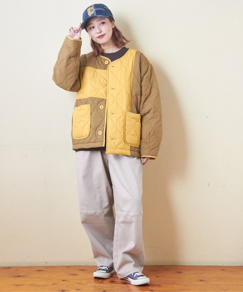 CUBE SUGAR（キューブシュガー）の「ナイロンキルト配色切替ジャケット（ミリタリージャケット・レディース・ベージュ/マルチ/ブラック/カーキ・M）」の8枚目の写真