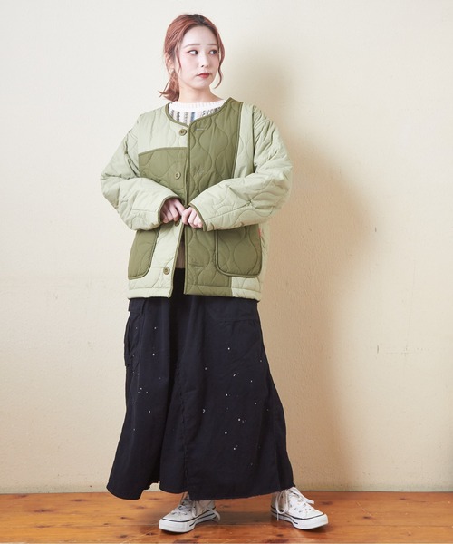 CUBE SUGAR（キューブシュガー）の「ナイロンキルト配色切替ジャケット（ミリタリージャケット・レディース・ベージュ/マルチ/ブラック/カーキ・M）」の11枚目の写真